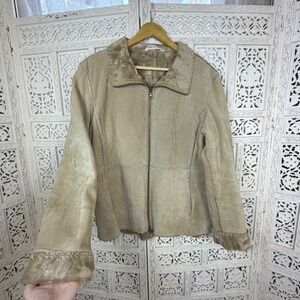 Vtg Tan Suede Leather Patchwork Lined Full Zip Coat Sz XL Boho Retro Old Money